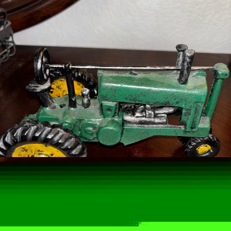 Vintage Cast Iron Green and Yellow Farm Tractor Figurine Decorative Toy 7.5 Inch