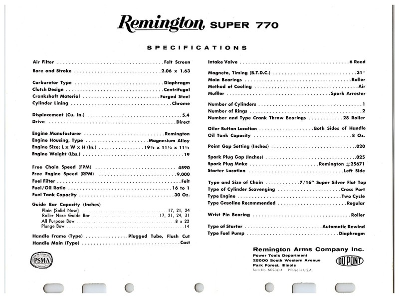 Vintage Original Remington Chainsaws Sales Sheet (Model - Super 770) Info Sheet gallery