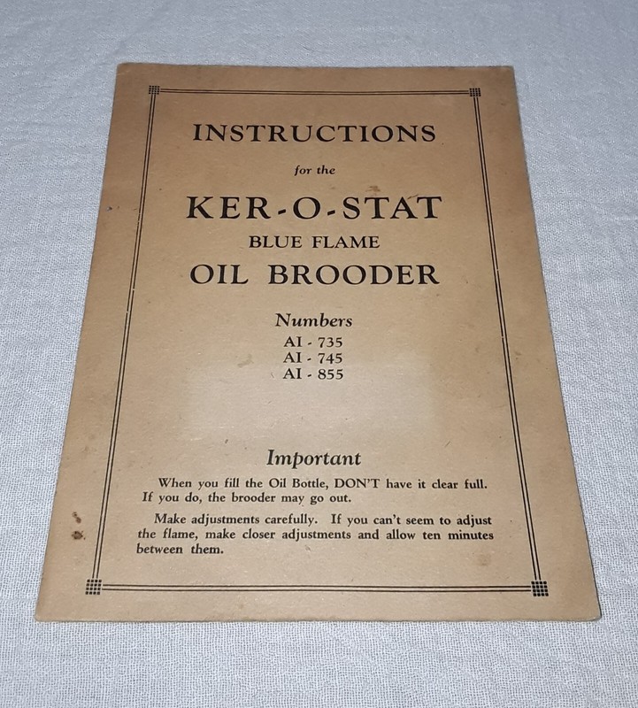 1930 KER-O-STAT KEROSTAT BLUE FLAME OIL BROODER INSTRUCTIONS