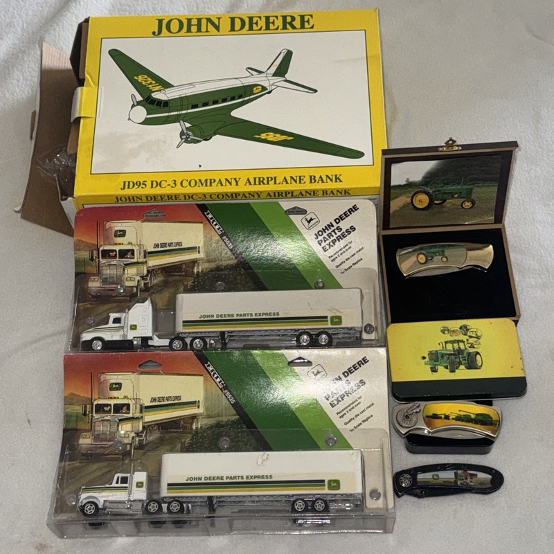 Vintage JOHN DEERE Collection 3 Knife Set w/ Boxes 2 Die Cast Metal Trucks Plane