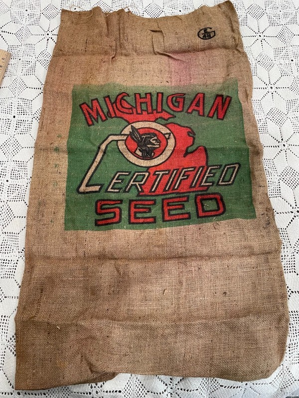 Vintage Michigan Chief Certified Seed Burlap Bag, 23” x 40”