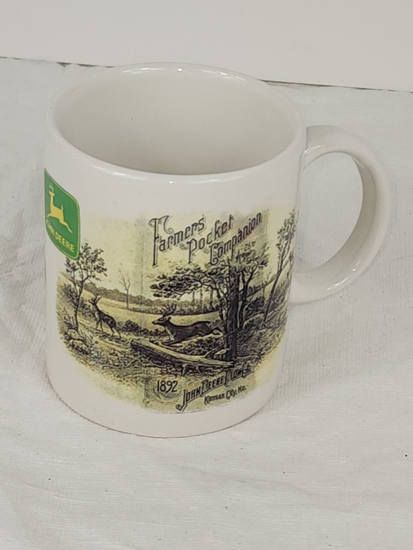 John Deere 1892 Farmer’s Pocket Companion Mug Vtg White Brown Yellow 12 Oz Cup