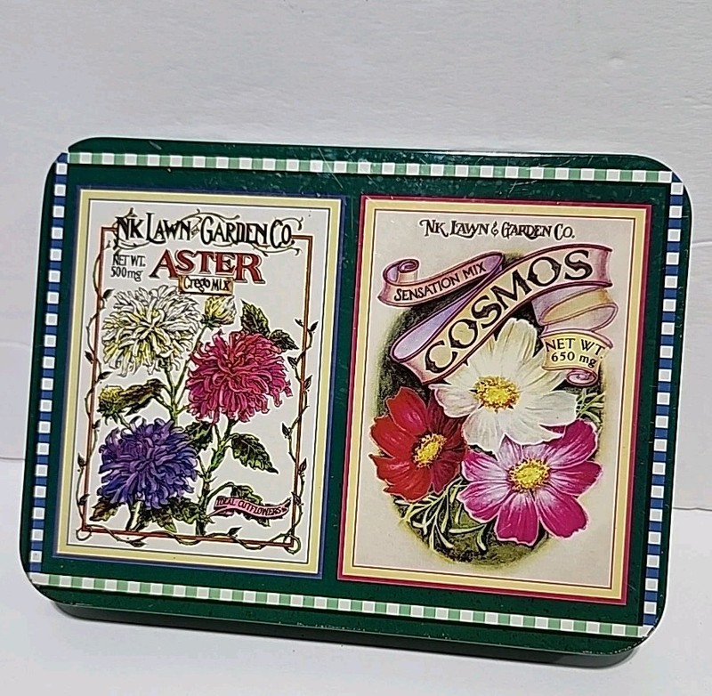 2 DECKS, NK LAWN & GARDEN CO COSMOS FLOWER SEED PK HOYLE PLAYING CARDS Tin, VTG