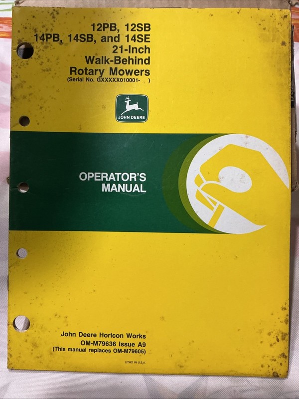 John Deere 12pb,12sb,14pb,14sb,14se 21” Walk Behind Mower Op Manual Om-m79636