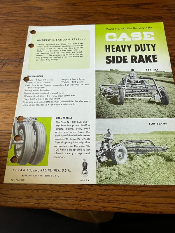 Case Tractor No. 100 Heavy Duty Side Rake For 1953 Brochure FCCA