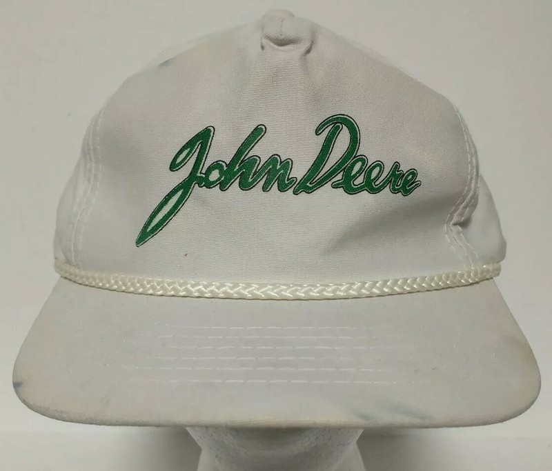 Vintage White JOHN DEERE Hat Rope Zipperback YOUNG AN HEADWEAR II Trashed