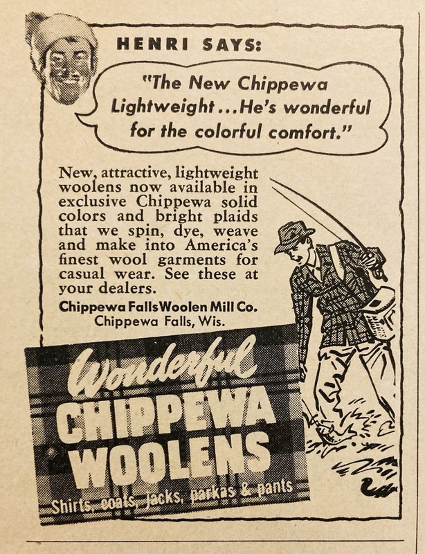 1951 AD.(PC6)~CHIPPEWA FALLS WOOLEN MILL CO. WISC. CHIPPEWA OUTDOOR WOOLENS
