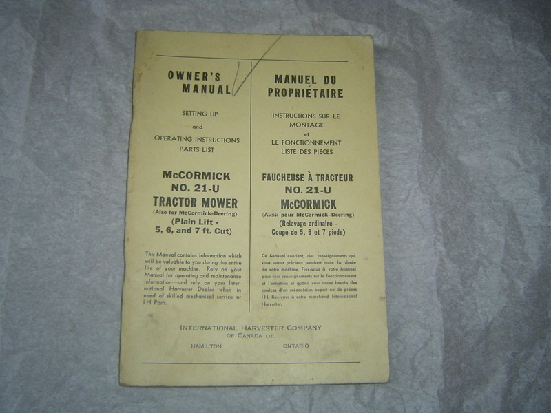 IH McCormick Deering no 21 tractor mower operator’s instruction set up manual