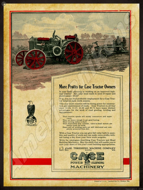 1922 Case Threshing Machine Co. New Metal Sign: Case Tractor w/ Road Grader