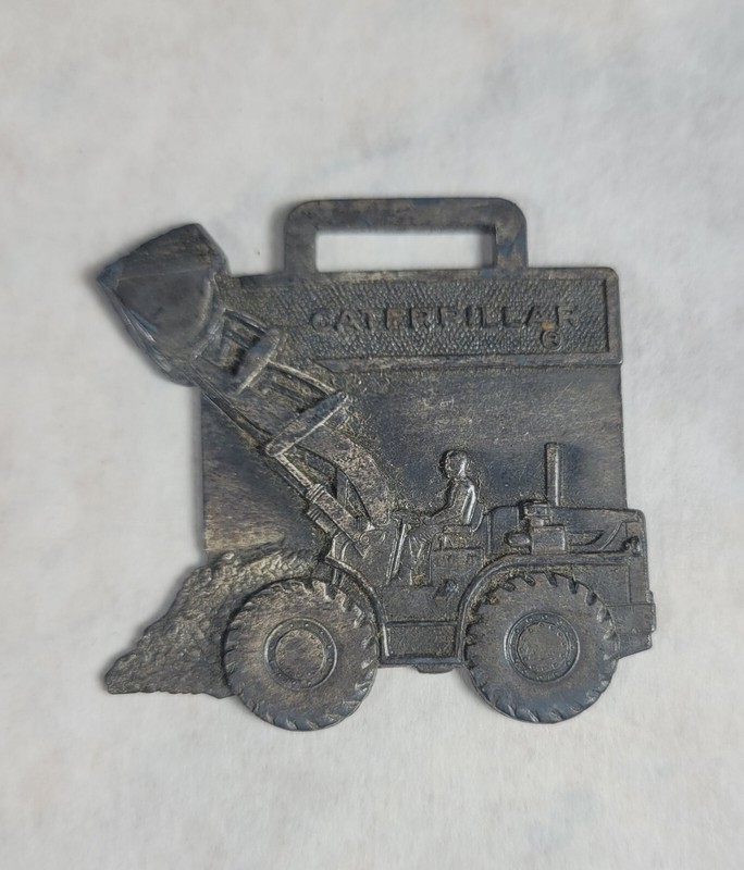Vintage Brass Caterpillar Tractor Co. Pocket Watch Fob Key Chain CAT Pewter?