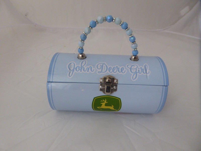 John Deere Girl tin purse Light Blue With Bead Handle