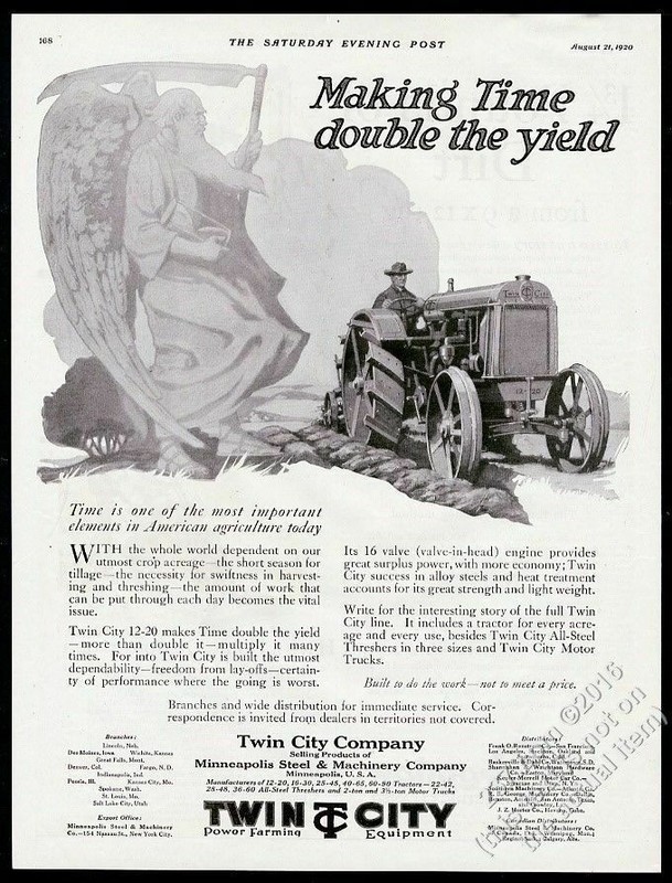 1920 Twin City tractor farm farmer & Father Time art vintage print ad
