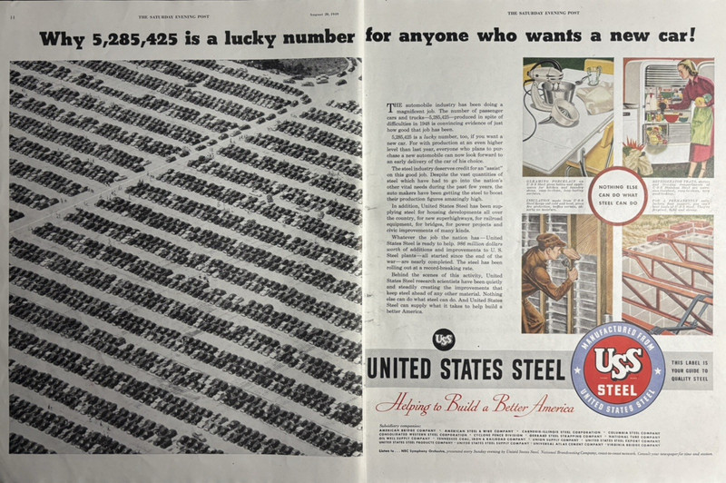 1949 United States Steel New Car Lucky Number Build Better America VTG Print Ad