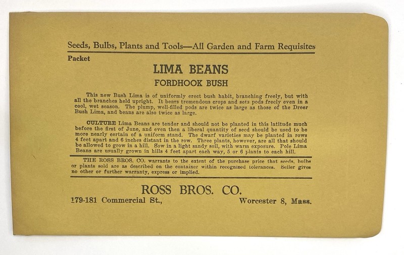 Vtg Ross Bros. Co. FORDHOOK BUSH LIMA BEANS Empty Seed Packet Envelope Unused