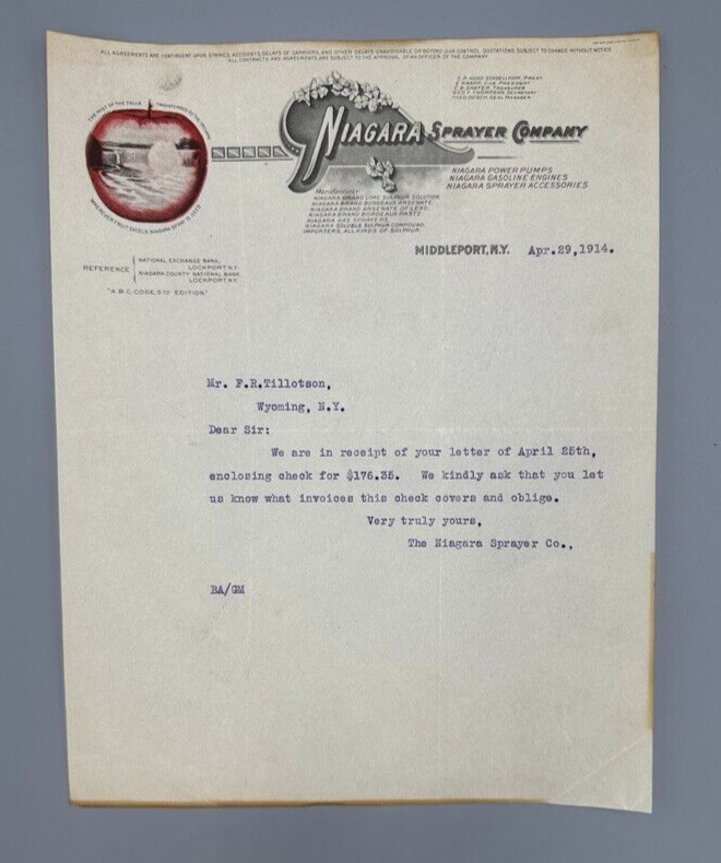 1914 NIAGARA Sprayer Co APPLE Advertising FARM Letter MIDDLEPORT NY Antique gallery