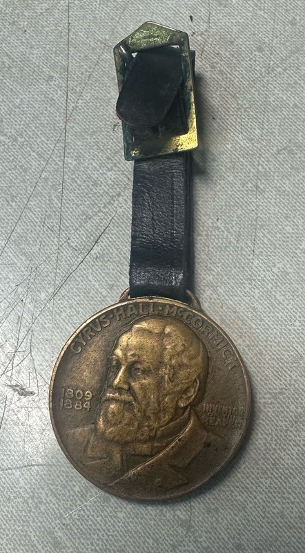 Vtg. INTERNATIONAL HARVESTER CO. REAPER watch fob on strap Cyrus Hall McCormick