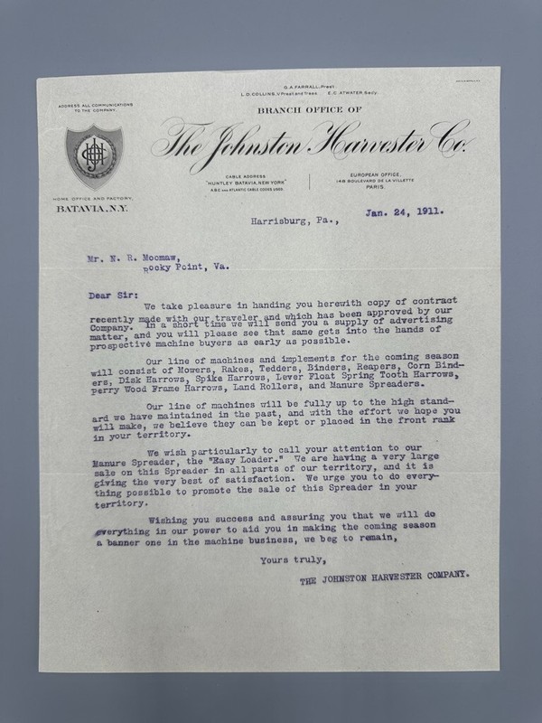 1911 JOHNSTON HARVESTER Contract Letter FARM Advertising BATAVIA NY Antique gallery