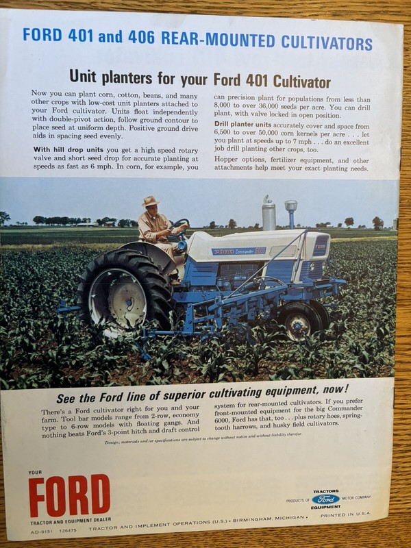 VINTAGE FORD TRACTOR ADVERTISING – # 6000 TRACTOR / FRONT CULTIVATOR – 8 x 11″