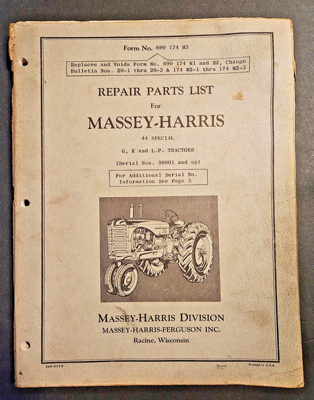 Massey Harris Model 44 Special G-K-LP Tractors Serial No. 50001 Up Parts Book