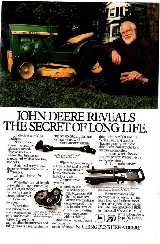 1987 Print Ad John Deere Lawn Tractor Mow Reveals the Secret of Long Life