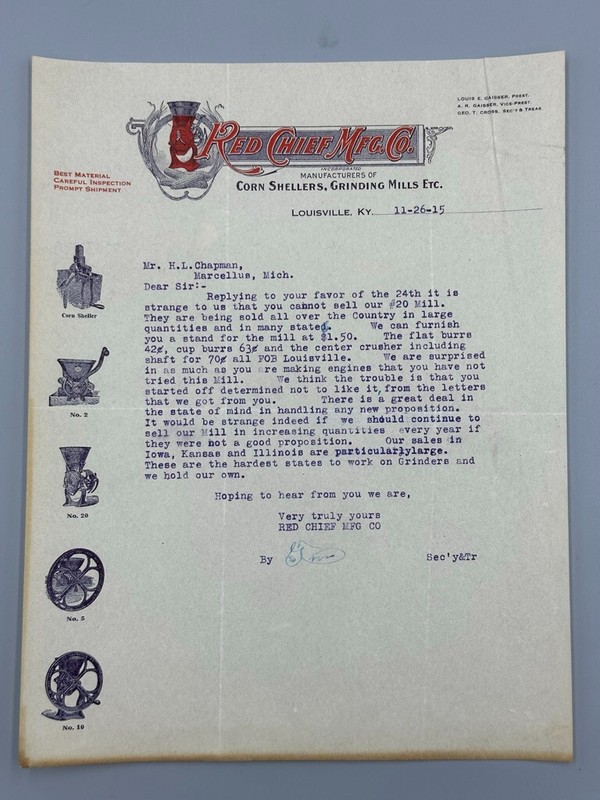 1915 RED CHIEF MILL Corn Sheller FARM Advertising Antique Letter LOUISVILLE KY