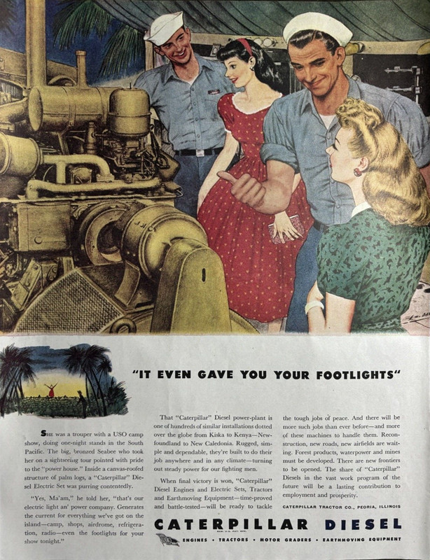 1944 Caterpillar Diesel Engines Tractors WW II Peoria IL Seabee Vintage Print Ad