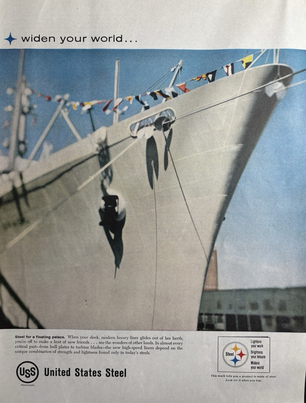 1958 United States Steel Floating Palace Ship Widen Your World Vintage Print Ad