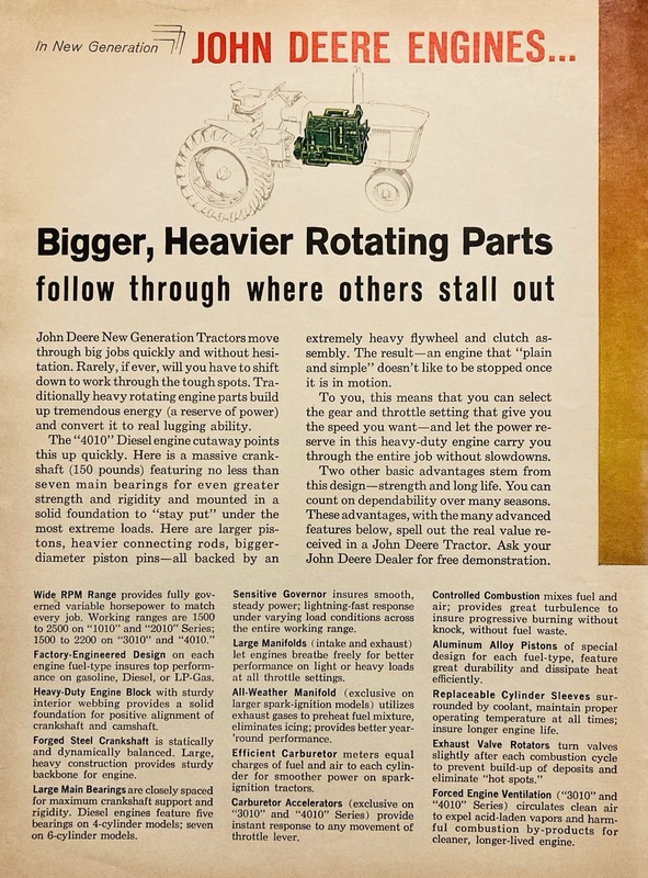 1961 AD.(XH84)~JOHN DEERE CO. MOLINE, ILL. NEW GENERATION TRACTORS ENGINES