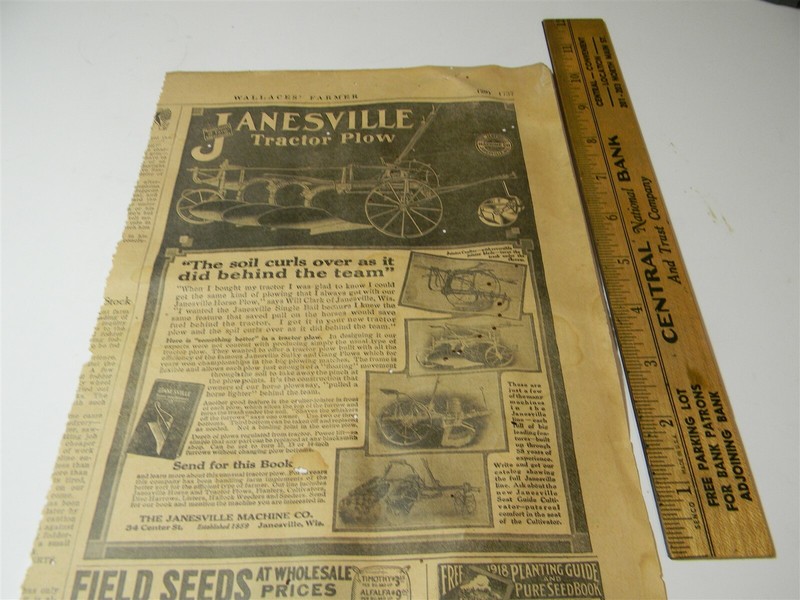 Vintage 1917 Janseville Machine Co. Tractor Plow Man Cave 1910's Print Ad 5A11 gallery