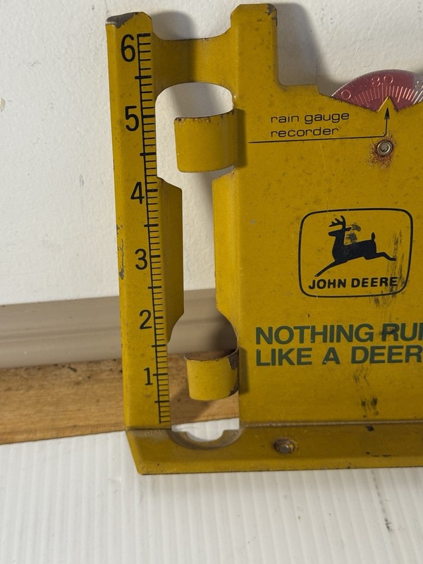 John Deere Vintage Metal Rain Gauge Recorder -Glass Tube Missing gallery