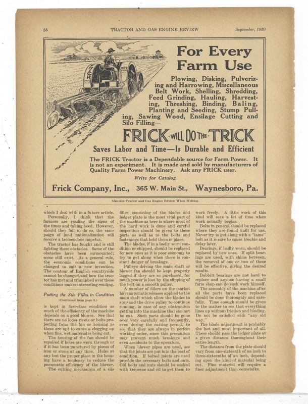 1920 Frick Tractors of Waynesboro, Pennsylvania Ad: FRICK WILL DO THE TRICK