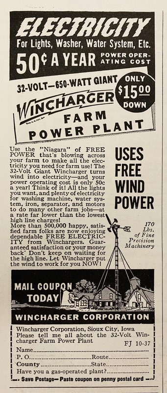 1937 AD.(XH81)~WINCHARGER CO. SIOUX CITY, IOWA. WINCHARGER FARM POWER PLANT