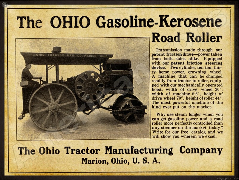 1912 Ohio Tractor Mfg. Co. New Metal Sign: Gas/Kerosene Road Roller, Marion Ohio