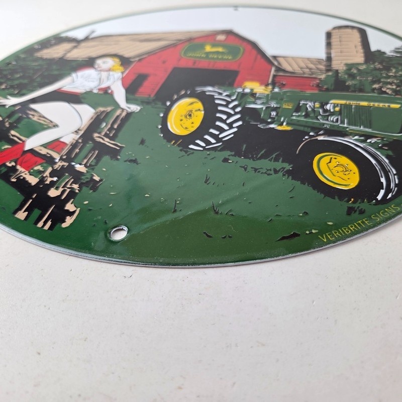 Vintage John Deere Pin Up Porcelain Sign - Barn Tractor Farm Girl Sign gallery