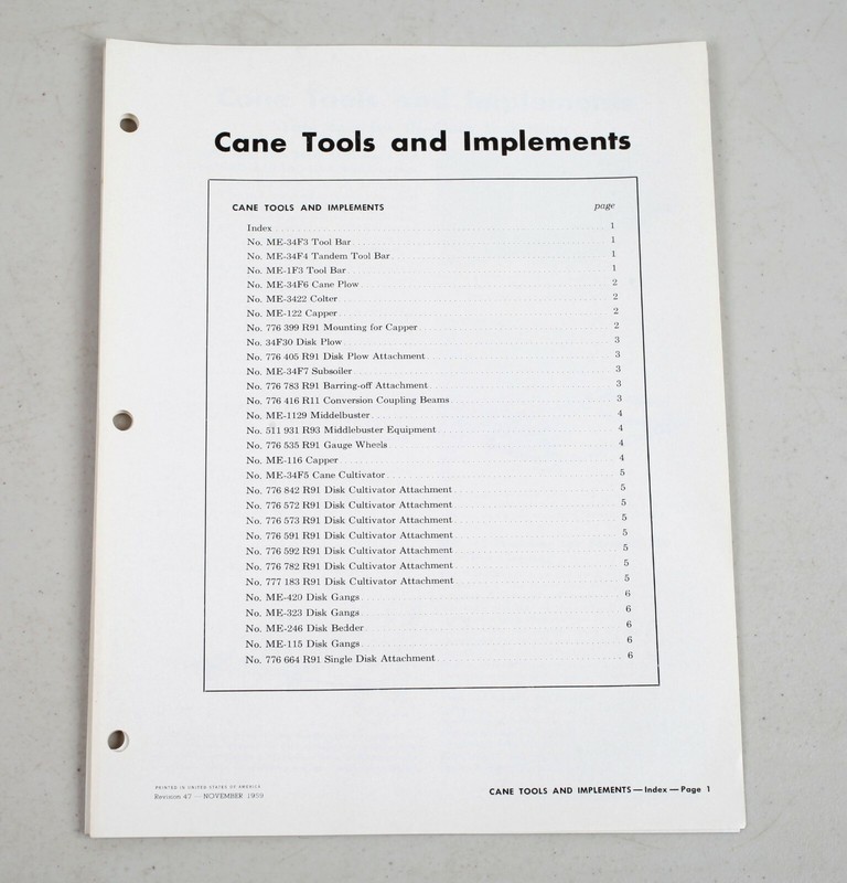 Vintage International Harvester Dealer Catalog Sheets Cane Tools and Implements