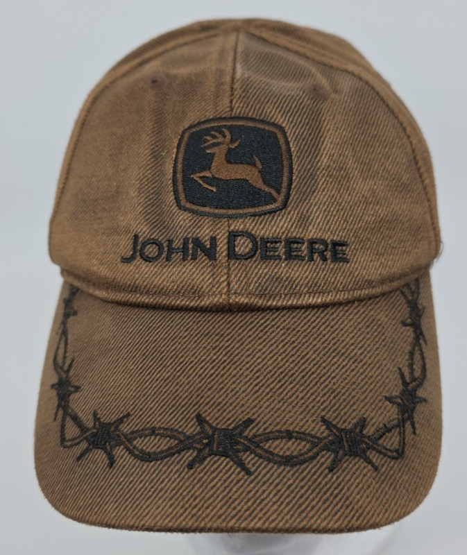 Vtg John Deere Hat Oil Skin Style Brown One Size Cap Adjustable Barbed Wire