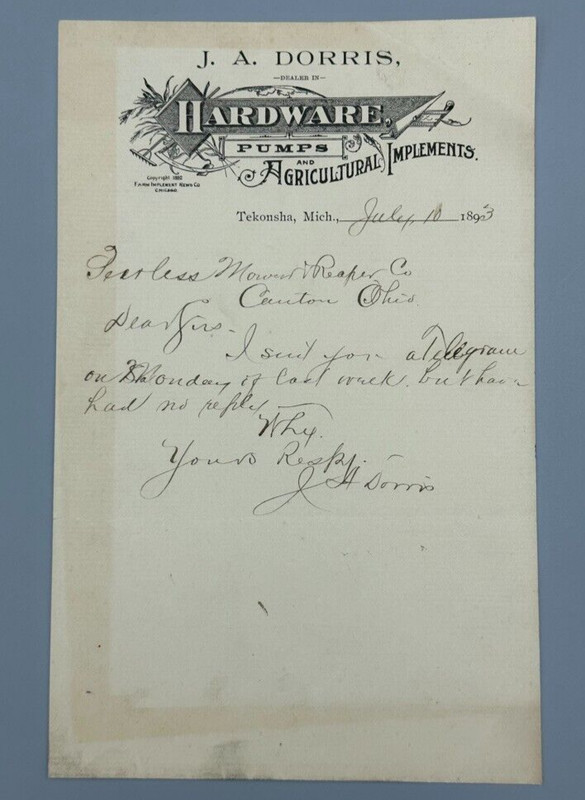 1893 TEKONSHA Michigan FARM MACHINERY Hardware PUMPS Antique Advertising Letter