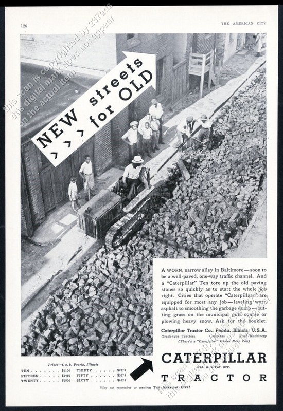1932 Baltimore street alley re-paving photo Caterpillar tractor vintage print ad