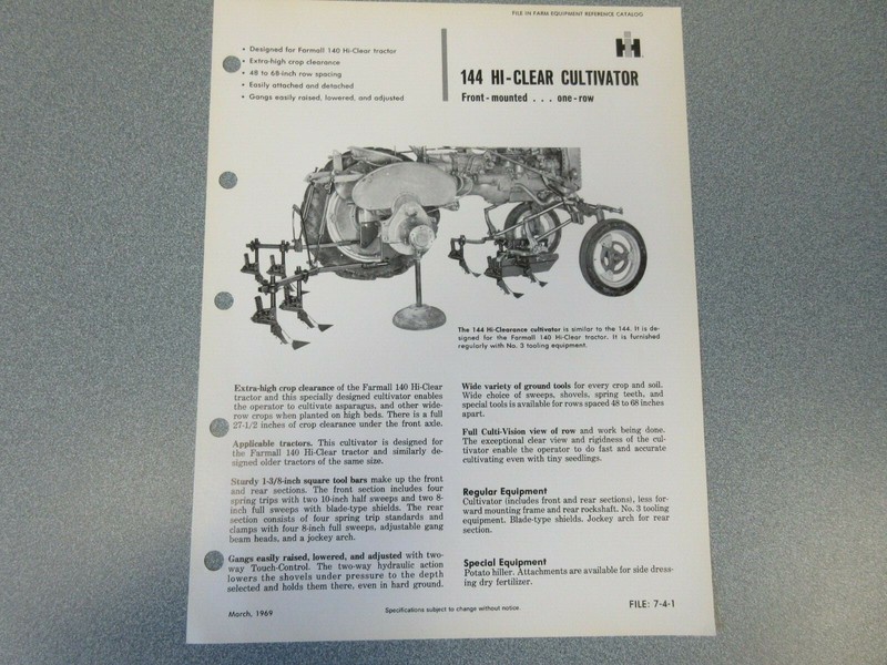 International 144 Hi-Clear Cultivator 1 Page Sales Sheet