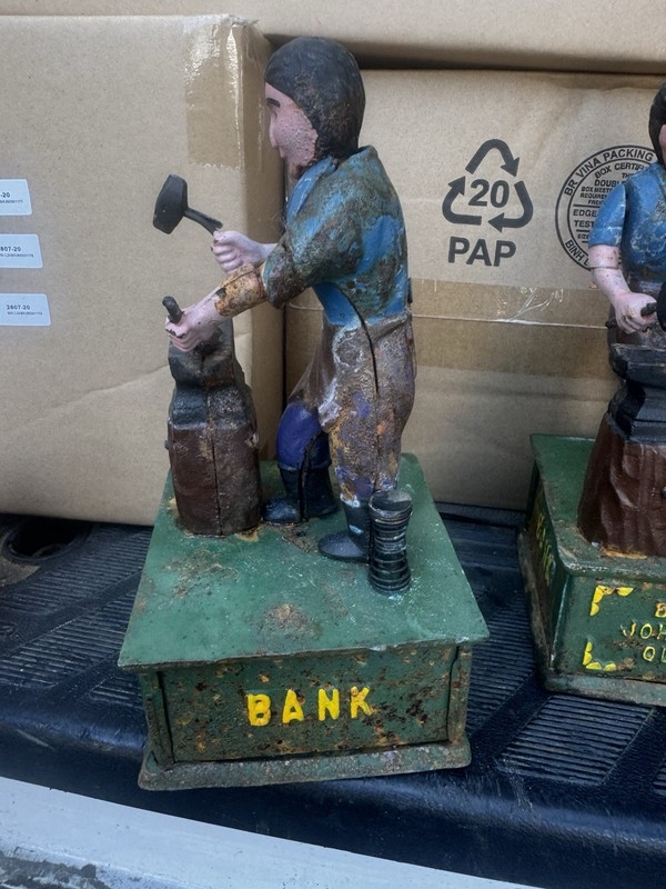 Vintage John Deere Cast Iron Bank "Bank on John Deere Quality" Blacksmith Anvil gallery