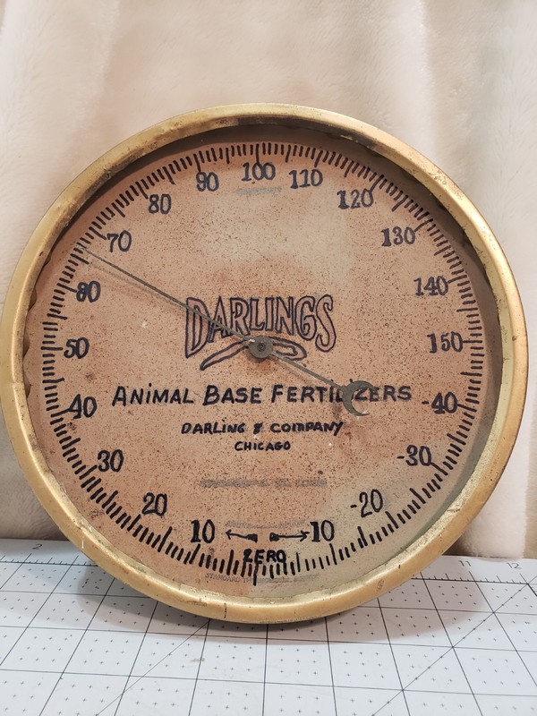 1920’s Darling’s Animal Base Fertilizers 9″ Metal Advertising Thermometer Sign
