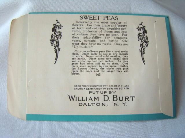 Antique SWEET PEAS 'BURT'S SEED' Flower Seed PACKET, Country Store, Unused gallery