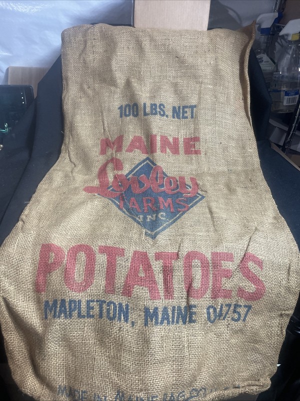 Vintage Maine Lovely Farms Burlap Potato Sack 100lb ~ 21” x 36” Americana