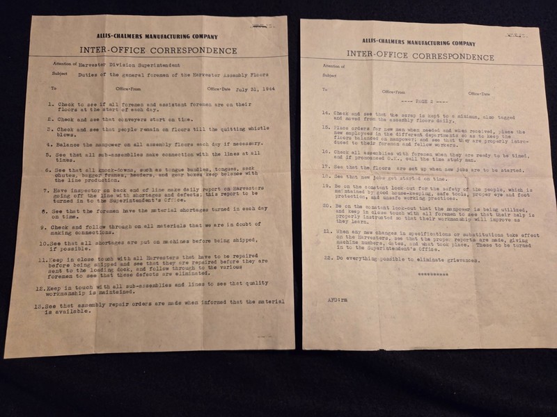 1944 Allis-Chalmers Harvester Division Foreman Inter-Office Correspondence