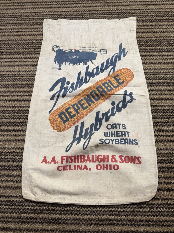 Vintage Fishbaugh Hybrid Seed Corn Cloth Bag Farm Feed Sack Celina OH