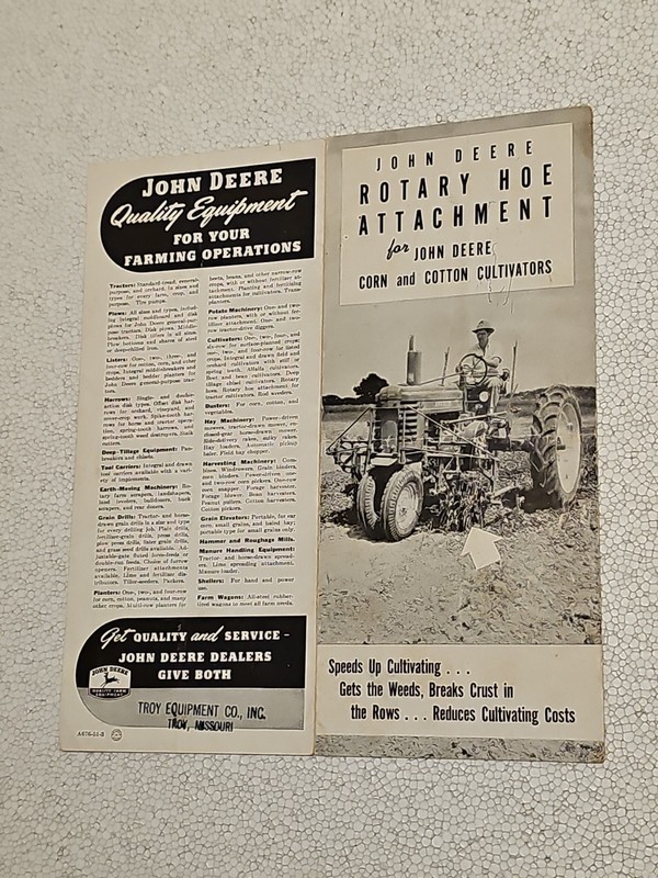 Vintage 1951 John Deere Rotary Hoe Attachment Sales Brochure Foldout