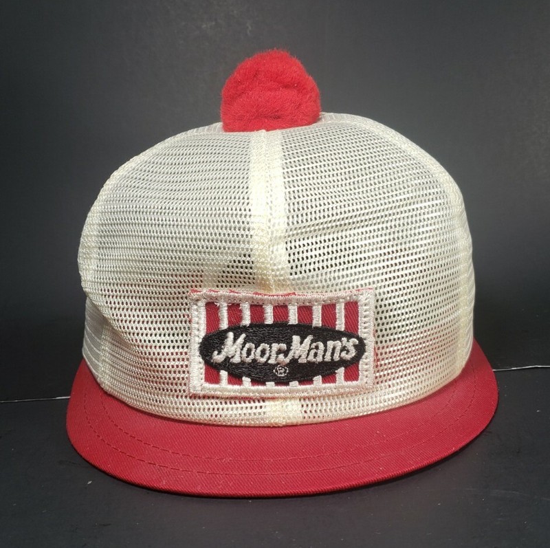 Rare Vintage MoorMan’s Feeds Farm Patch Hat Short Brim Puff Ball Snapback