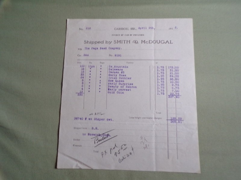 1915 invoice Smith & McDougal Caribou ME Car of Potatoes to Page Seed Co B&A RR