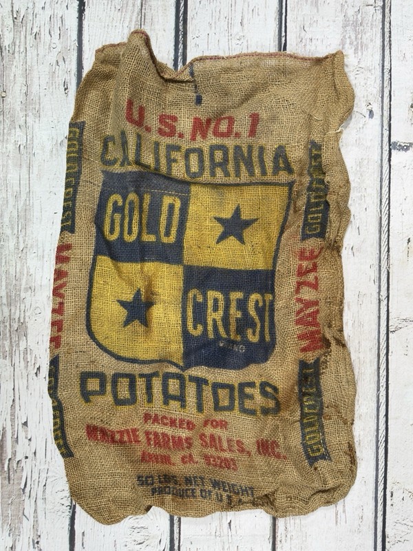 VTG Gold Crest California Potatoes Mazzie Farms Arvin CA 50 Lb Burlap Bag Sack