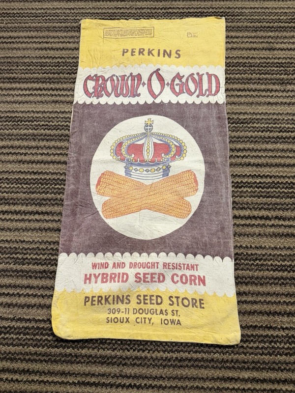 Vintage Perkins Crown O Gold Hybrid Seed Corn Cloth Bag Farm Sack Sioux City IA